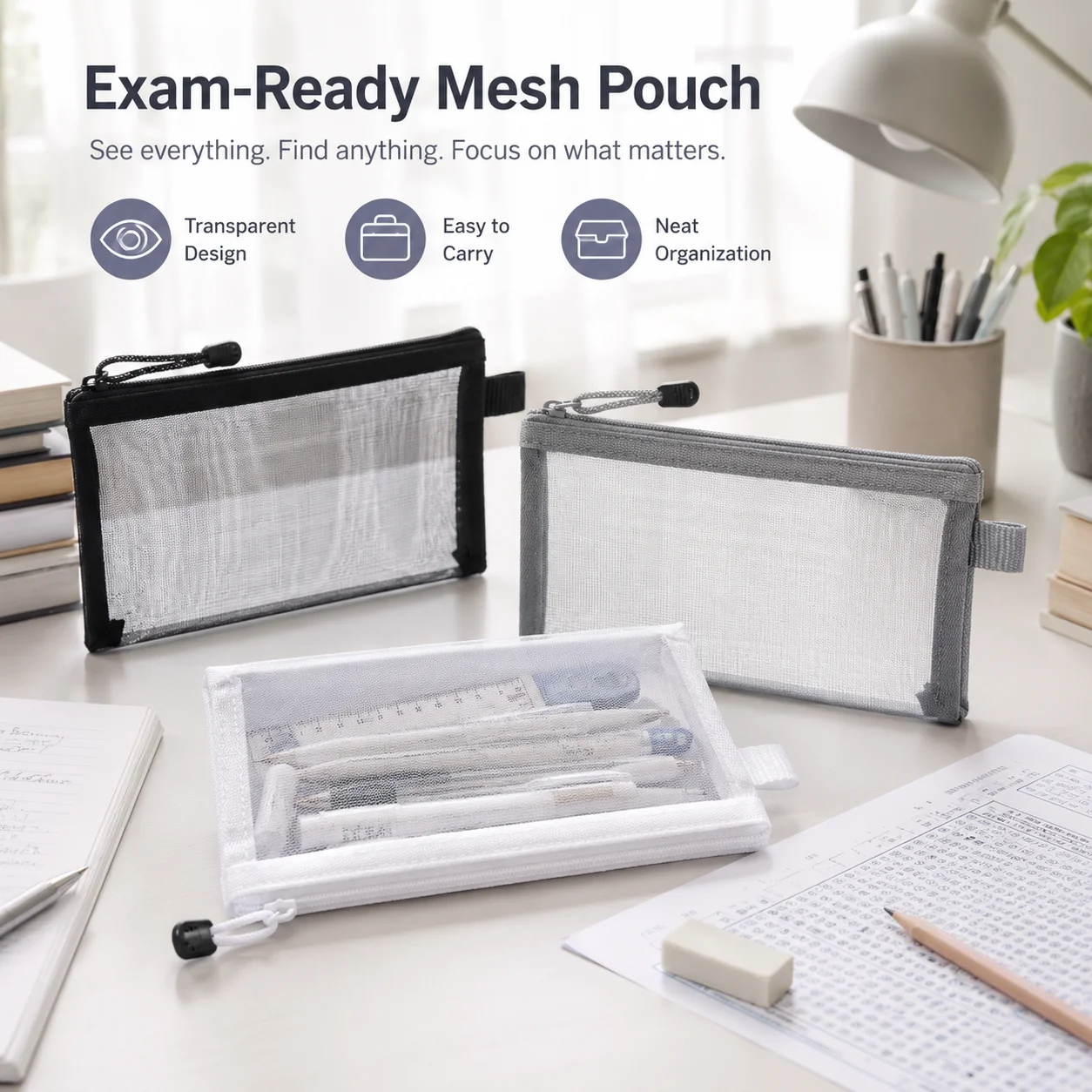 Clear Mesh Pencil Pouch For Exam - حقيبة أقلام شبكية شفافة بسحاب، حافظة