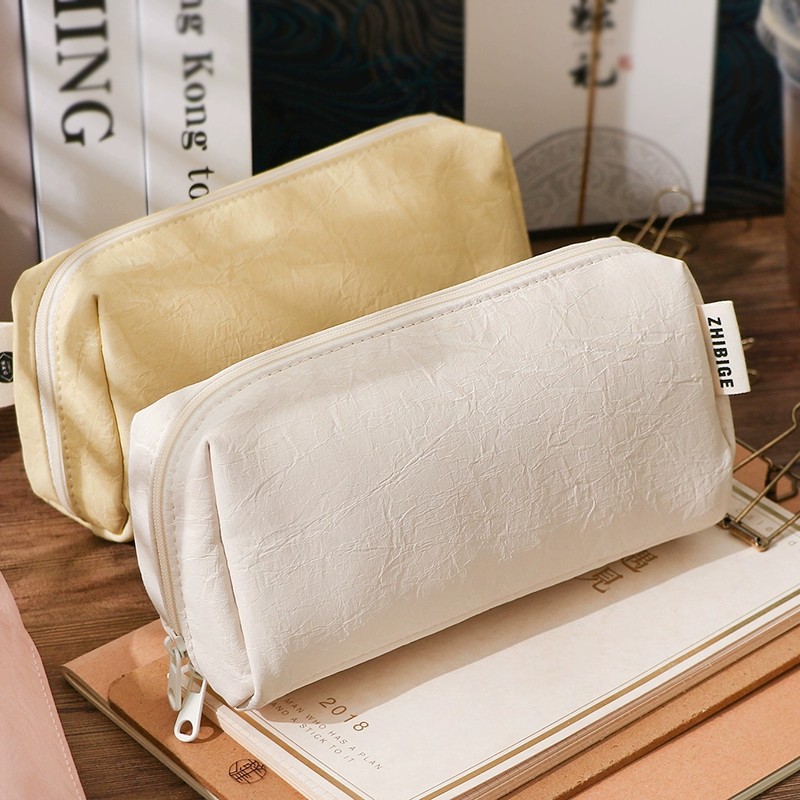 Aesthetic Large Pencil Case Pouch - حافظة أقلام جلدية كريمية اللون بتصميم