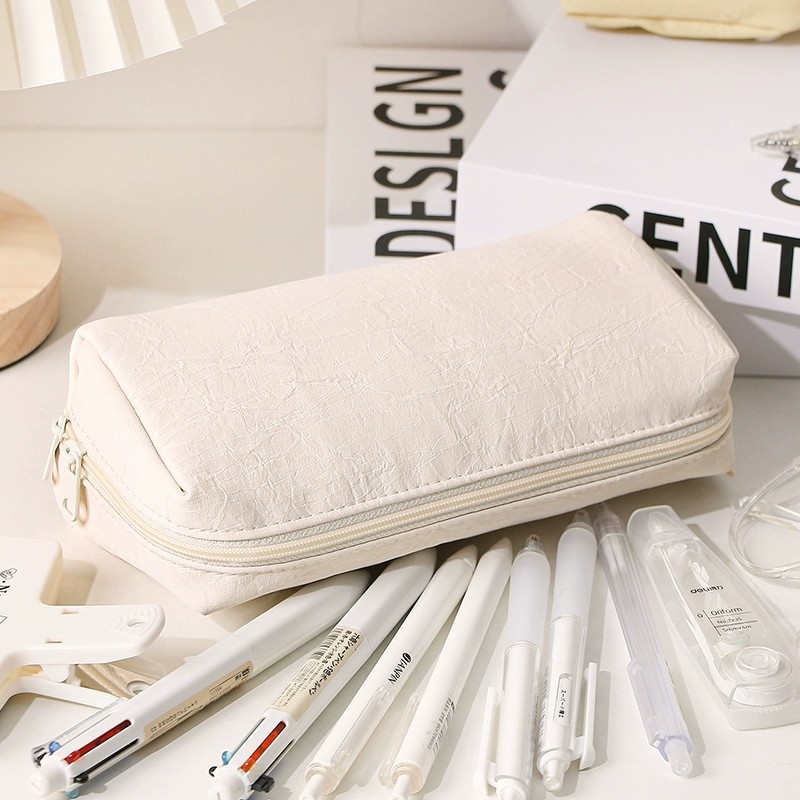 حافظة أقلام جلدية كريمية اللون - مراجعة Aesthetic Large Pencil Case Pouch وسعره
